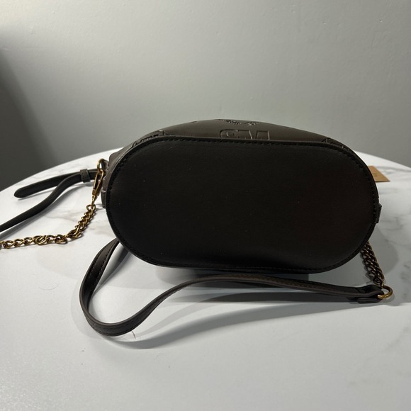 Steve Madden Satchel Bucket Bag Purse Brown Embossed Logo Chain Accent‎ - Picture 12 of 16